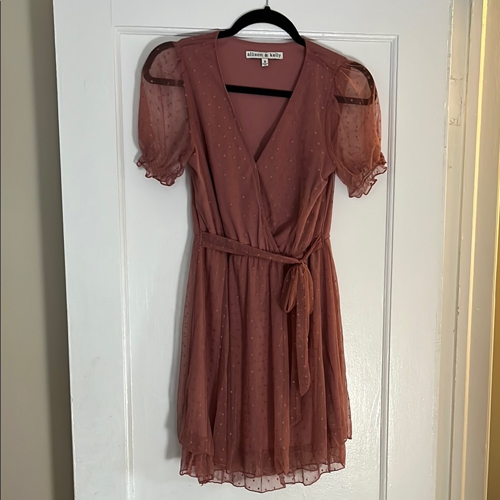 Elegant Sheer Puff Sleeve Dress in Mauve by Allison & Kelly